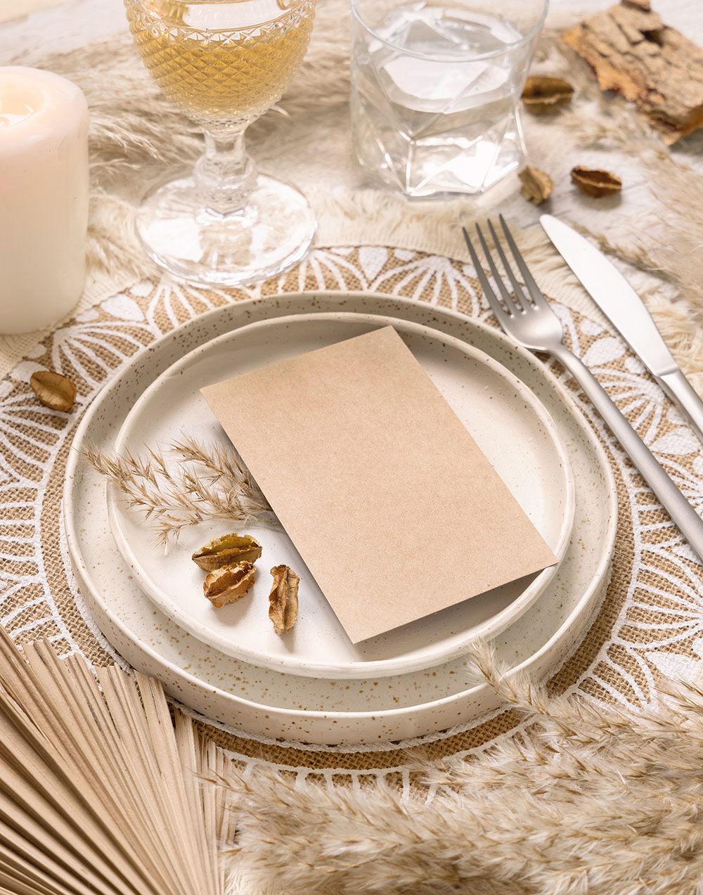 Wedding Table place with Blank paper card and bohemian decoratio
